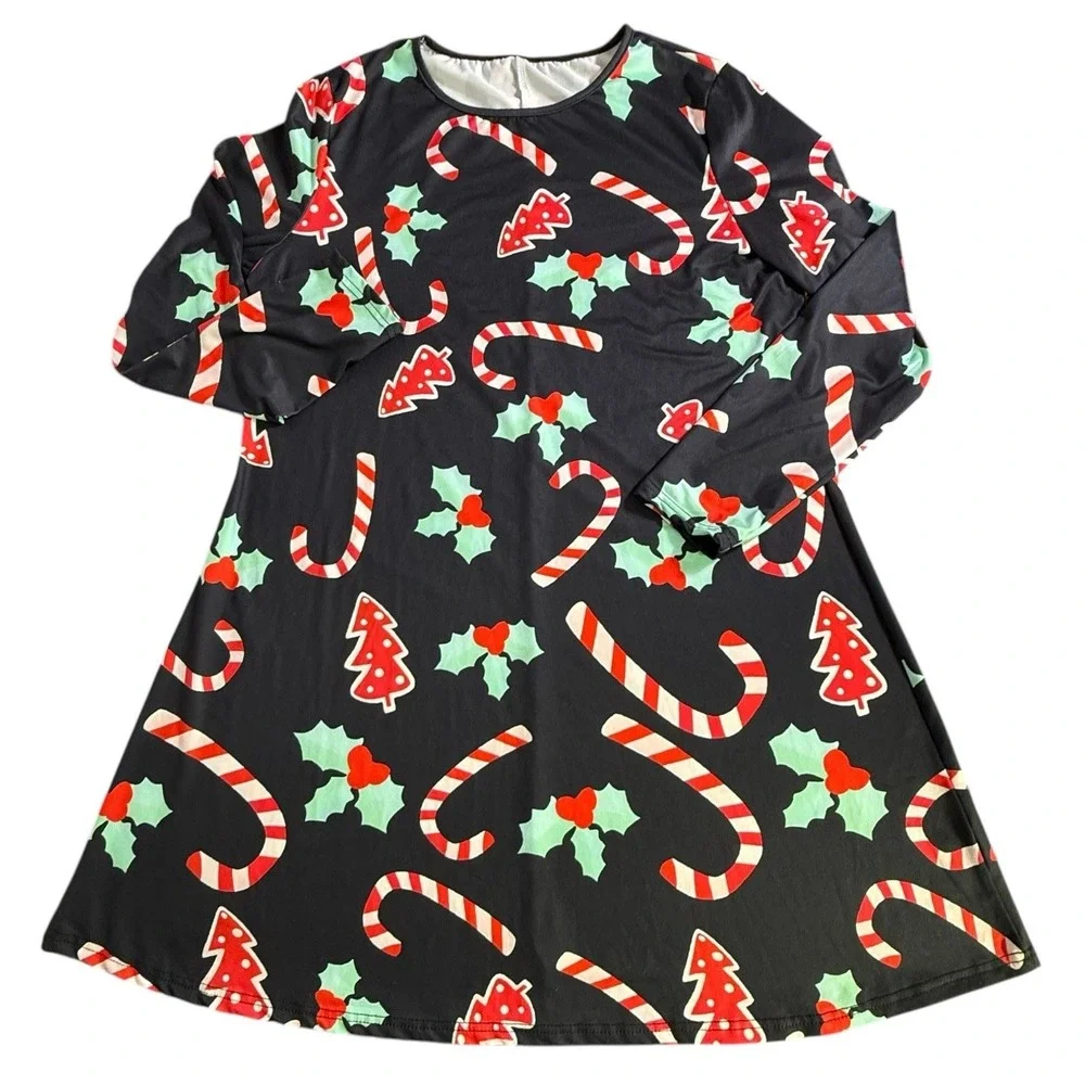 Christmas Holiday Long Sleeve Stretchy Black Dress Candy Canes Women Sz XXL - Picture 1 of 10